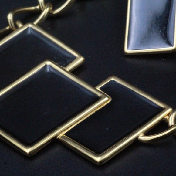 Monet Signed Designer Black Enamel Modernist Rectangular Necklace Set - Picture 9 of 11